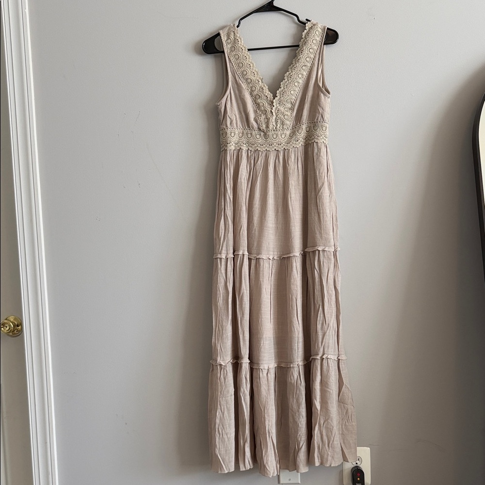 Rebellion Cream V-Neck Lace Trim Tiered Maxi Dress